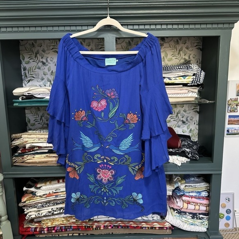 JUDITH MARCH Tunic Blouse Women's Embroidered Floral Full Sleeves Blue Sz L